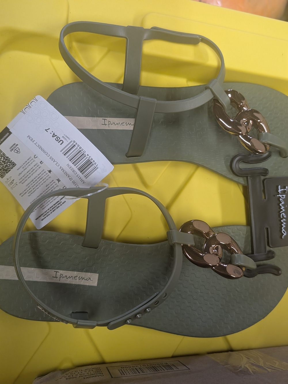Ipanema Olive Green T-Strap Sandals with Rose Gold Chain Detail